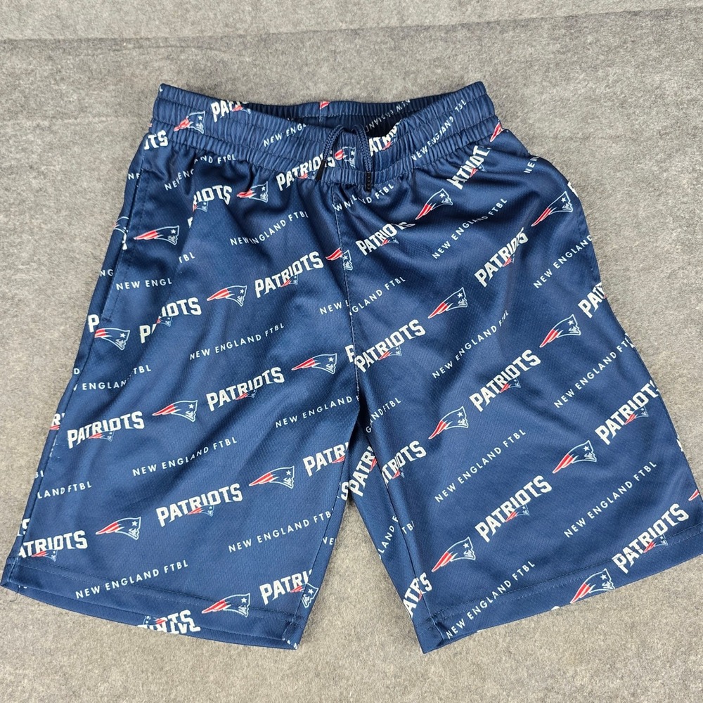NFL Team Apparel Patriots Kids M Navy Blue Relaxed Fit All-Over Logo Shorts